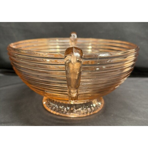 Anchor Hocking 1930s Pink Manhattan Depression glass pedestal bowl with handles - Picture 10 of 14